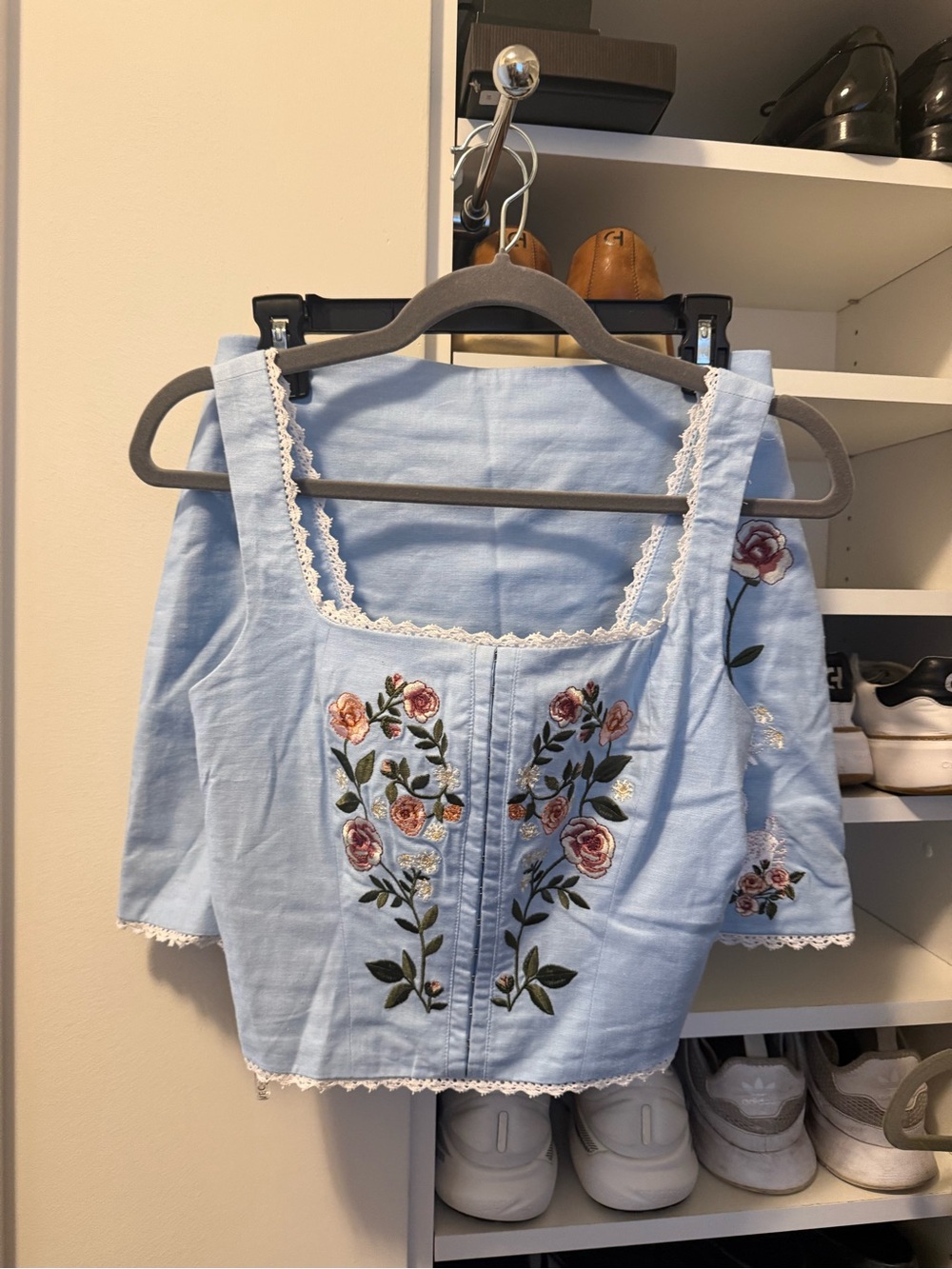 Avec Les Filles Powder Blue Embroidered Skirt Set